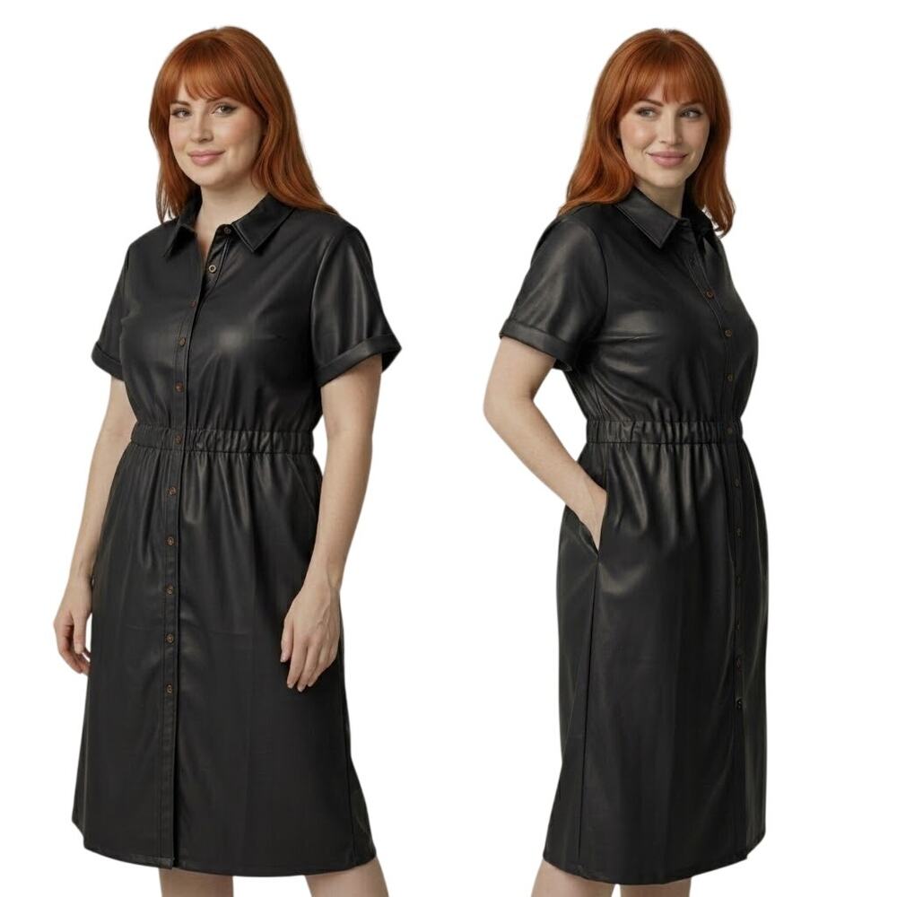 Who What Wear Short Sleeve Dress  Black XXL, Faux Leather, Retro-Inspired
